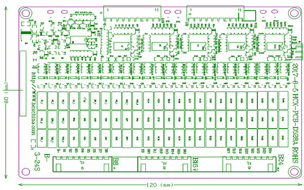 8串80A同口鐵鋰電池保護板(圖1) PCB尺寸圖