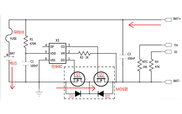你在找的鋰電池保護(hù)電流電路圖解析(圖3) 電池充電時(shí)電流方向如箭頭所示