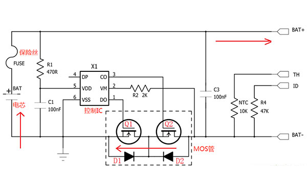 你在找的鋰電池保護(hù)電流電路圖解析(圖4) 電池放電時(shí)電流方向如箭頭所示